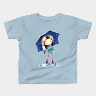 Cute girl in the rain with an umbrella Kids T-Shirt